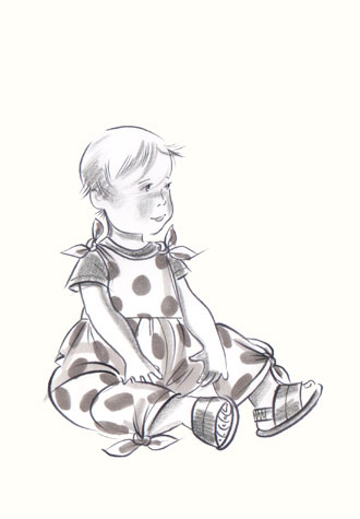 Female toddler in polka-dot outfit. This copyrighted image is the work of British Fashion Illustrator Hilary Kidd