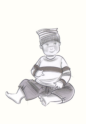 Male toddler in Capri pants, jumper and hat. This copyrighted image is the work of British Fashion Illustrator Hilary Kidd