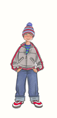 Childrenswear: pre-teens.  Boy in trainers, jeans, zipped jacket and bobble-hat. This copyrighted image is the work of British Fashion Illustrator Hilary Kidd