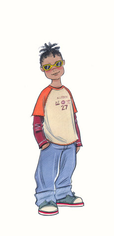 Childrenswear: pre-teens. Boy in sunglasses and casual clothes.  This copyrighted image is the work of British Fashion Illustrator Hilary Kidd