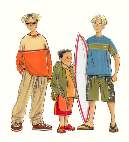 Childrenswear: pre-teens.  Three boy figures in casual and beachwear, one carrying a surfboard.  This copyrighted image is the work of British Fashion Illustrator Hilary Kidd