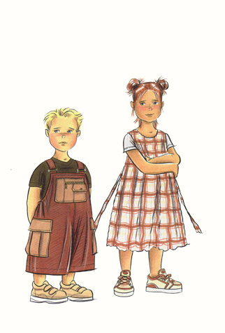 Childrenswear: pre-teens. Boy in dungarees and girl in checked dress.  This copyrighted image is the work of British Fashion Illustrator Hilary Kidd