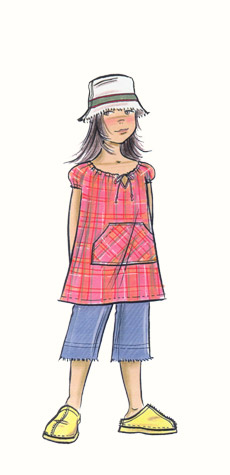 Childrenswear: pre-teens. Girl figure in clogs, smock-top, cropped jeans and soft hat.   This copyrighted image is the work of British Fashion Illustrator Hilary Kidd