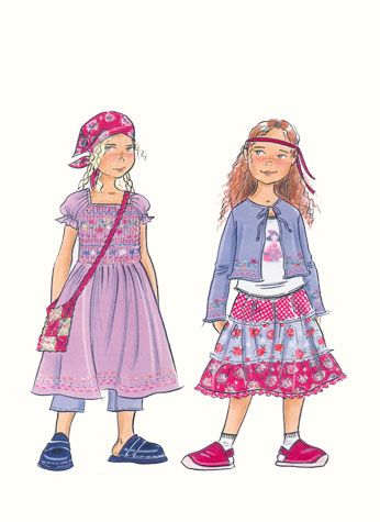 Childrenswear: pre-teens.  Two girl figures in pretty floral prints.  This copyrighted image is the work of British Fashion Illustrator Hilary Kidd