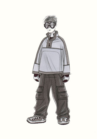 Childrenswear: teens.  Male figure in snowboarding outfit and goggles.  This copyrighted image is the work of British Fashion Illustrator Hilary Kidd