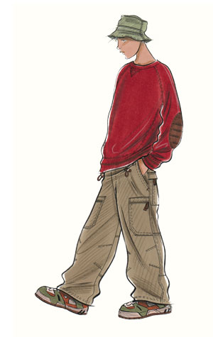 Childrenswear: teens.  Male figure in red jumper and soft hat.  This copyrighted image is the work of British Fashion Illustrator Hilary Kidd