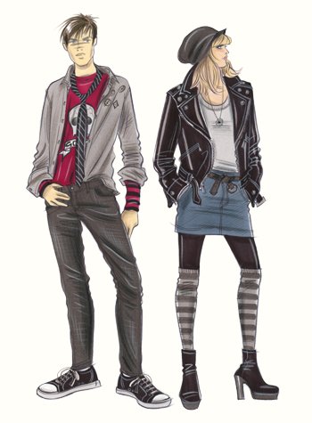 Childrenswear: teens.  Two older teen figures in denim and leather.  This copyrighted image is the work of British Fashion Illustrator Hilary Kidd