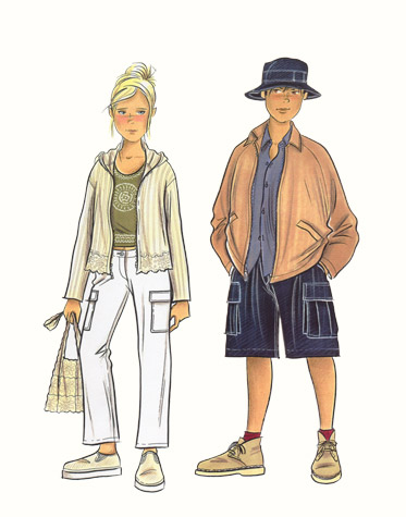 Childrenswear: teens.  Girl and boy in casual/beachwear.  This copyrighted image is the work of British Fashion Illustrator Hilary Kidd