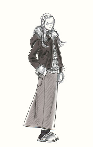Childrenswear: teens.  Female figure in long denim skirt, patterned jumper and hooded top with fur trim.  This copyrighted image is the work of British Fashion Illustrator Hilary Kidd