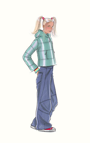 Childrenswear: teens.  Female figure in sneakers, jeans and padded zipper-jacket.  This copyrighted image is the work of British Fashion Illustrator Hilary Kidd