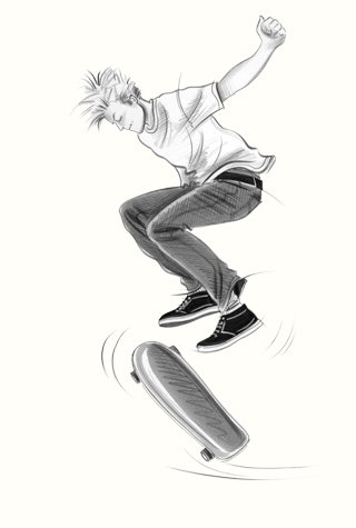 Childrenswear: teens.  Skateboarder jumping.  This copyrighted image is the work of British Fashion Illustrator Hilary Kidd