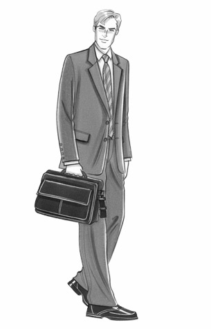 Office/businesswear for men.  Male figure in a business suit, carrying a laptop bag. This copyrighted image is the work of British Fashion Illustrator Hilary Kidd
