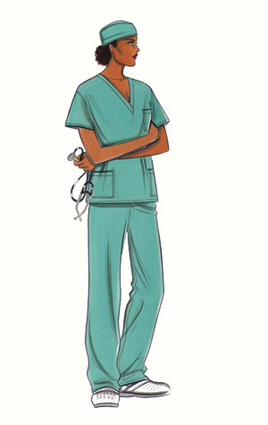 Operating theatre scrubs. This copyrighted image is the work of British Fashion Illustrator Hilary Kidd