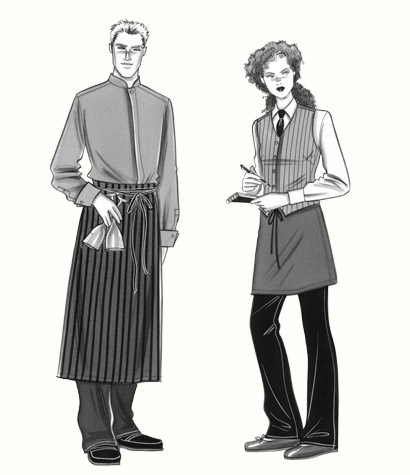 Restaurant waiter and waitress. This copyrighted image is the work of British Fashion Illustrator Hilary Kidd