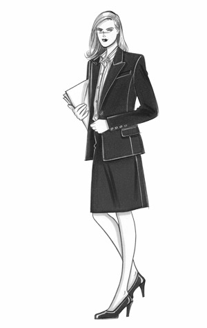 Office/businesswear for women.  Female figure in a business suit, carrying papers.  This copyrighted image is the work of British Fashion Illustrator Hilary Kidd