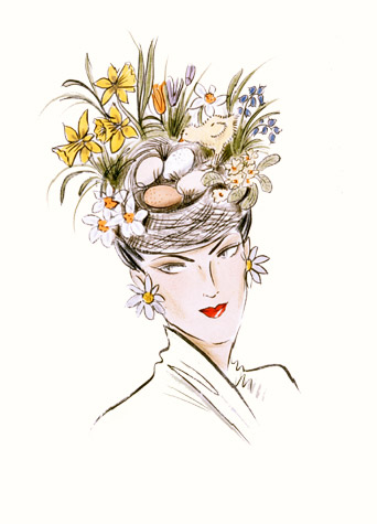 Easter bonnet: Woman wearing bird's nest headwear with spring flowers. A copyrighted greetings card image by British Illustrator Hilary Kidd