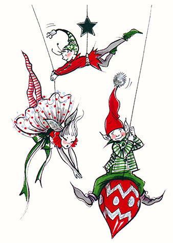 Elves with Xmas Baubles.  A copyrighted greetings card image by British Illustrator Hilary Kidd