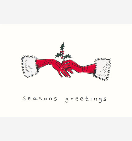 Pair of red gloves with fur trim, holding a sprig of holly.  A copyrighted greetings card image by British Illustrator Hilary Kidd