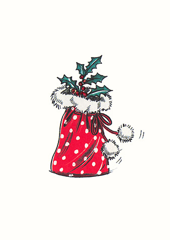 Red polka-dot pouch with fur trim and holly.  A copyrighted greetings card image by British Illustrator Hilary Kidd