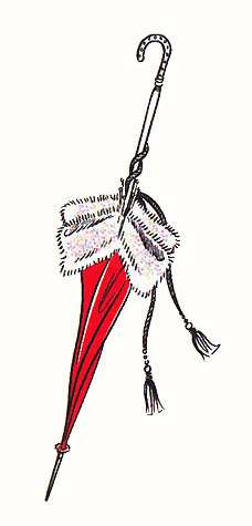 Red umbrella with fur trim. A copyrighted greetings card image by British Illustrator Hilary Kidd