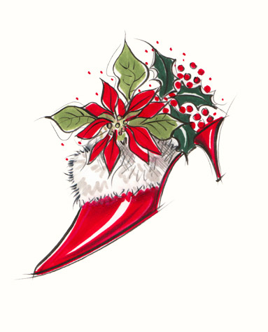 Red stiletto-heel shoe with fur trim, poinsettia, holly and berries. A copyrighted greetings card image by British Illustrator Hilary Kidd