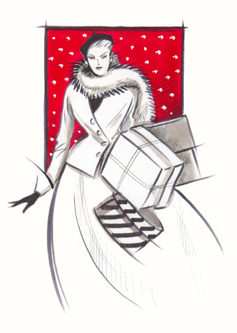 Elegant woman in beret and fur wrap, carrying presents. A copyrighted greetings card image by British Illustrator Hilary Kidd