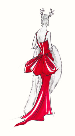 Woman in red evening dress, with fur wrap and reindeer antlers. A copyrighted greetings card image by British Illustrator Hilary Kidd
