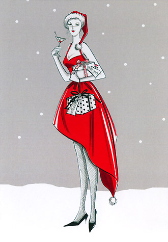 Woman in red dress with cocktail glass and presents: 2010 Christmas card for Holbrook Studio.  A copyrighted illustration by British Illustrator Hilary Kidd