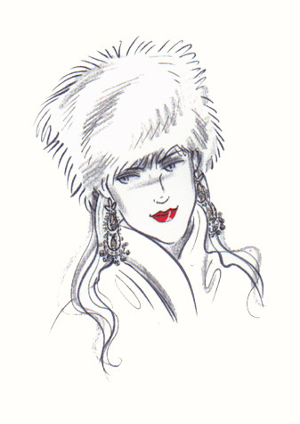 Woman in fur hat.  A copyrighted greetings card image by British Illustrator Hilary Kidd