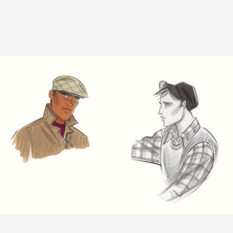 Male accessories: flat cap and peaked soft cap. This copyrighted image is the work of British Fashion Illustrator Hilary Kidd