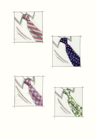 Male accessories: four examples of patterned neckties. This copyrighted image is the work of British Fashion Illustrator Hilary Kidd