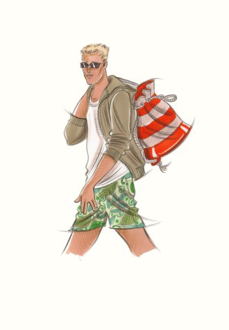 Male accessories:  man in patterned shorts and hooded top, carrying striped duffel-bag. This copyrighted image is the work of British Fashion Illustrator Hilary Kidd
