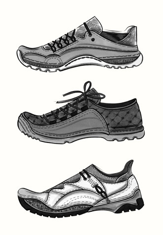 Male accessories: two styles of trainer.  This copyrighted image is the work of British Fashion Illustrator Hilary Kidd