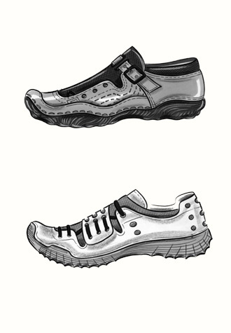 Male accessories: three styles of trainer.  This copyrighted image is the work of British Fashion Illustrator Hilary Kidd