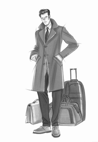 Male accessories: man in three-quarter length coat, suit and loafers, with travel baggage. This copyrighted image is the work of British Fashion Illustrator Hilary Kidd