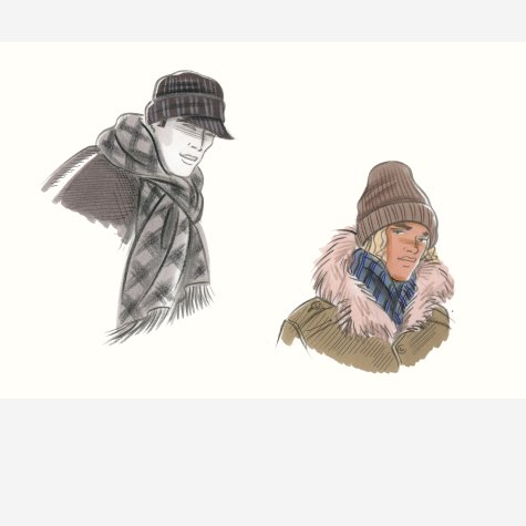 Male accessories: winter hats, scarves, mufflers and coats. This copyrighted image is the work of British Fashion Illustrator Hilary Kidd