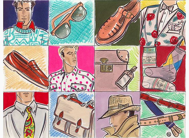 A panel of 12 images depicting various items of Male accessory. This copyrighted image is the work of British Fashion Illustrator Hilary Kidd