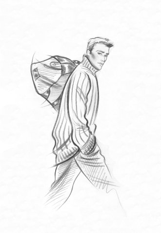 Male accessories:  striding man in polo-neck sweater with bag. This copyrighted image is the work of British Fashion Illustrator Hilary Kidd