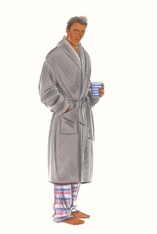 Man in pyjamas and dressing-gown. This copyrighted image is the work of British Fashion Illustrator Hilary Kidd
