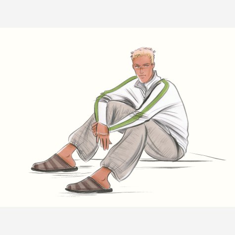 Seated man in casual clothes. This copyrighted image is the work of British Fashion Illustrator Hilary Kidd