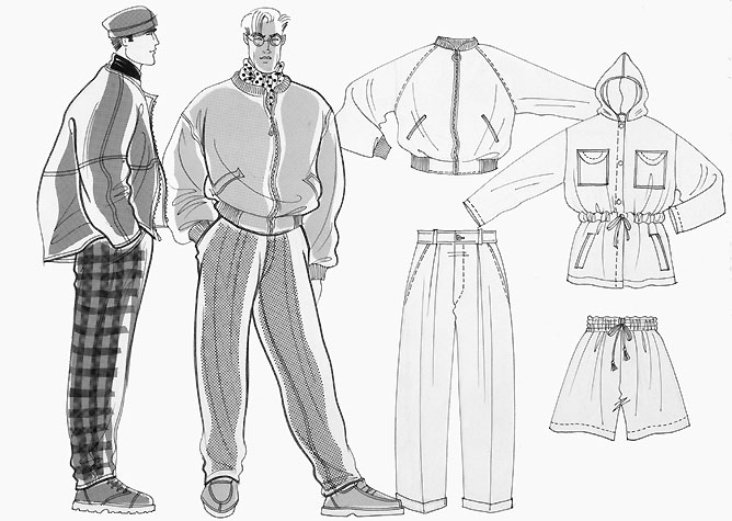 Male casual wear: two figures with flatwork of outdoor clothing.  This copyrighted image is the work of British Fashion Illustrator Hilary Kidd