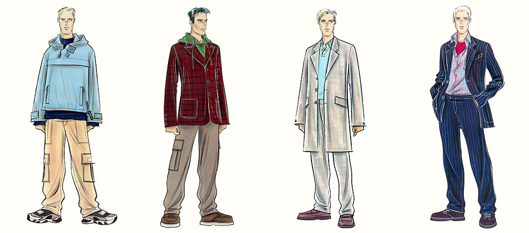 Male casual wear: trainers, loafers, combat pants, suits and jackets.  This copyrighted image is the work of British Fashion Illustrator Hilary Kidd