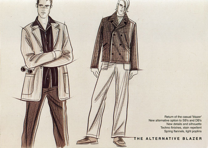 Male casual wear: the alternative blazer.  This copyrighted image is the work of British Fashion Illustrator Hilary Kidd