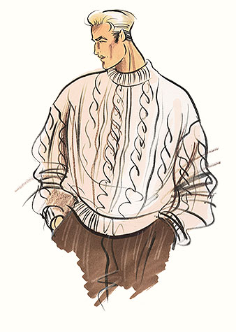 Male casual wear: the chunky sweater.  This copyrighted image is the work of British Fashion Illustrator Hilary Kidd