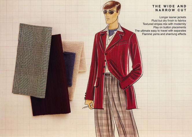 Male casual wear: the wide and narrow cut.  This copyrighted image is the work of British Fashion Illustrator Hilary Kidd