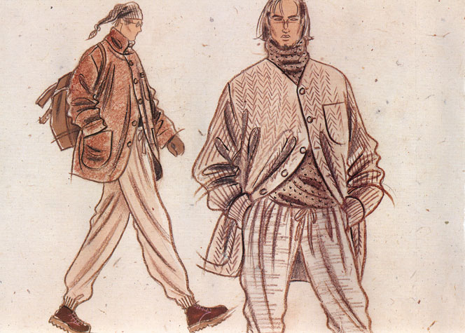 Male casual wear: tweeds and herringbone.  This copyrighted image is the work of British Fashion Illustrator Hilary Kidd