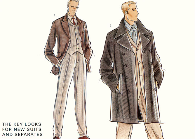 Male formalwear:  the key looks for new suits and separates. This copyrighted image is the work of British Fashion Illustrator Hilary Kidd