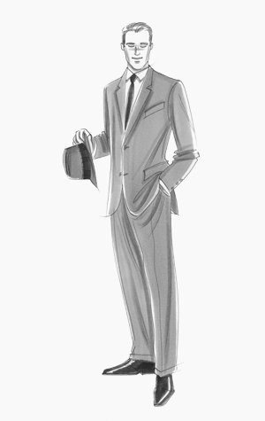 Male formalwear: figure in suit and tie, carrying a trilby.  This copyrighted image is the work of British Fashion Illustrator Hilary Kidd