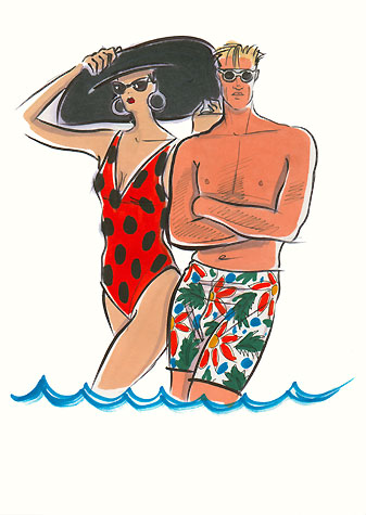 Male sports and active wear: man and woman in swimwear and sunglasses.  This copyrighted image is the work of British Fashion Illustrator Hilary Kidd