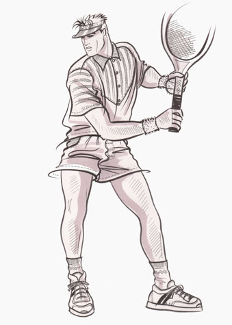 Male sports and active wear:  tennis player in action.  This copyrighted image is the work of British Fashion Illustrator Hilary Kidd